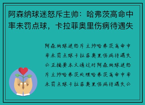 阿森纳球迷怒斥主帅：哈弗茨高命中率未罚点球，卡拉菲奥里伤病待遇失公正